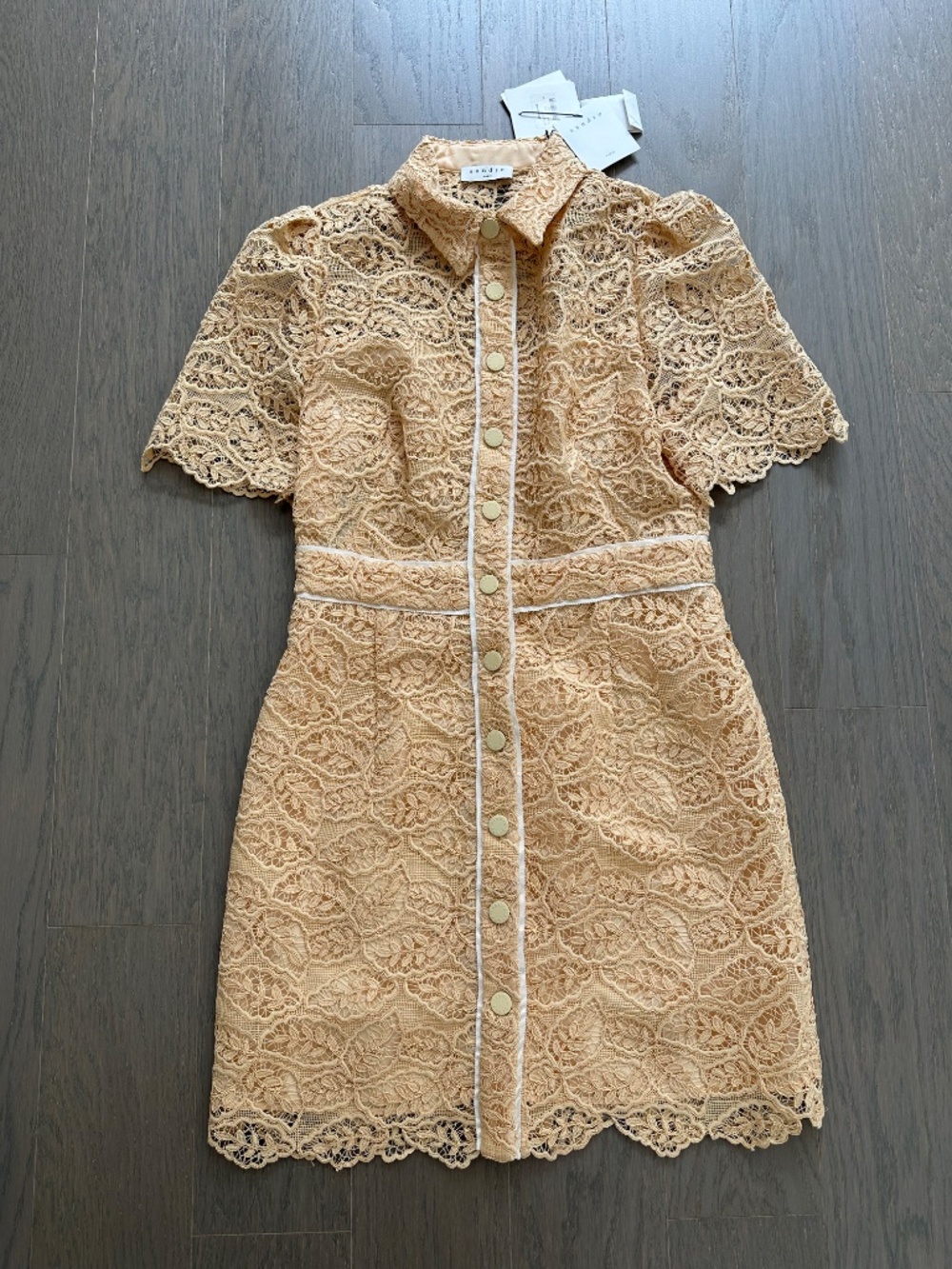 SANDRO Live Grosgrain Corded Lace Mini Dress Yellow Eggshell W/ Tags FR 36 SMALL - Picture 2 of 9